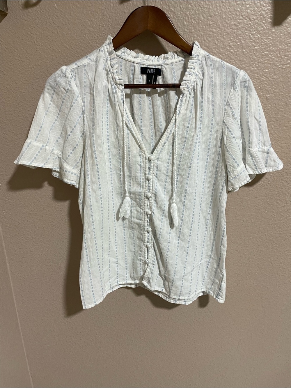 PAIGE White with Light Blue Stripes Button-Tie Peasant Blouse